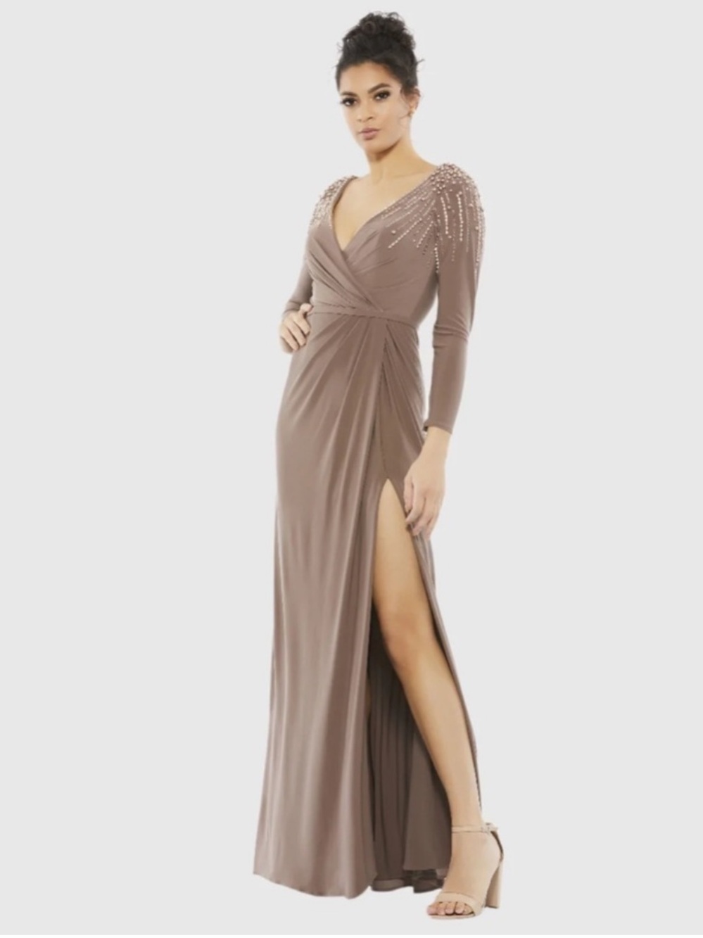 MAC DUGGAL Dress Size 4 Beaded Evening Gown Brown Faux Wrap Jersey Gown 55715
